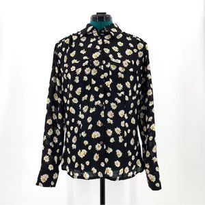 Guess Daisy Patterned Semi-Transparent Black Button Front Long Sleeve Blouse, XS